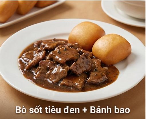 Bò sốt tiêu đen + Bánh bao