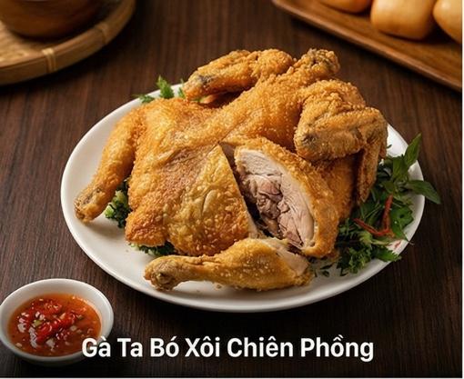 Gà Ta Bó Xôi Chiên Phồng - Gà ta nguyên con bọc xôi nếp nương chiên vàng ruộm, ngoài giòn trong mềm.