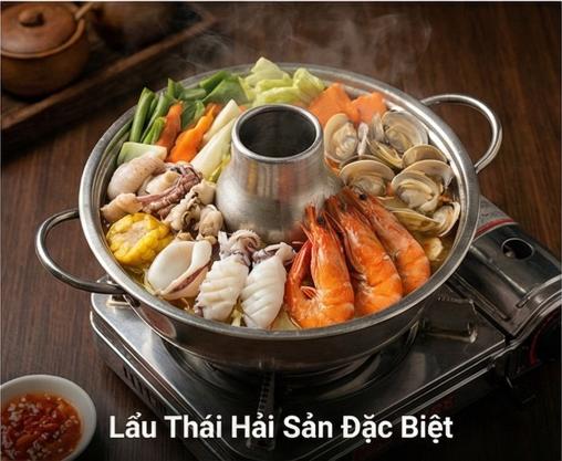 Lẩu Thái Hải Sản Đặc Biệt - Nước lẩu chua cay đậm đà, full topping tôm, mực, nghêu và rau nấm.