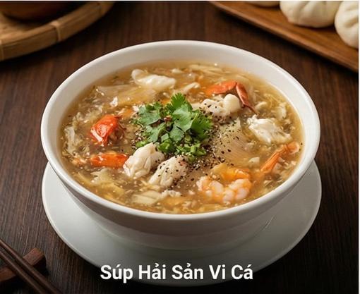 Súp Hải Sản Vi Cá - Súp sánh mịn, kết hợp thịt cua, tôm và nấm hương thượng hạng.