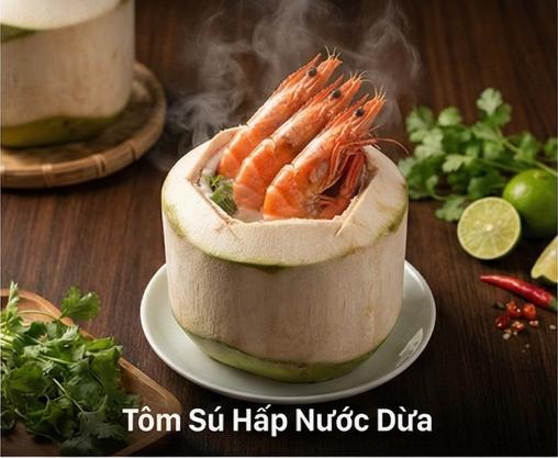 Tôm Sú Hấp Nước Dừa - Tôm sú biển tươi sống hấp nước dừa xiêm ngọt thanh, đỏ au bắt mắt.